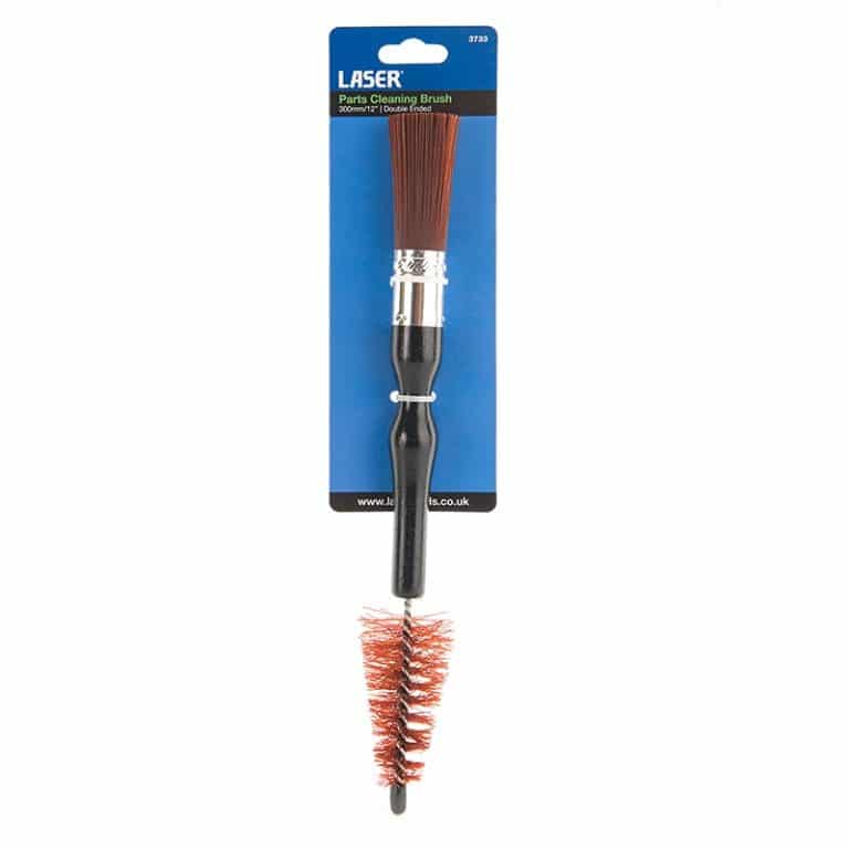Double-ended cleaning brush with solvent resistant bristles.