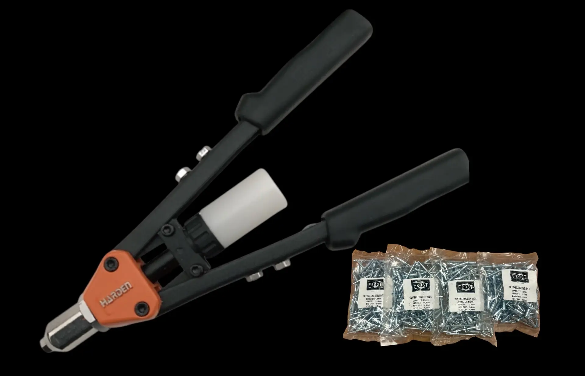 Rivet Gun Bundle – Harden 13″ Heavy-Duty Double Arm Riveter + 4 Bags of FROST Rivets